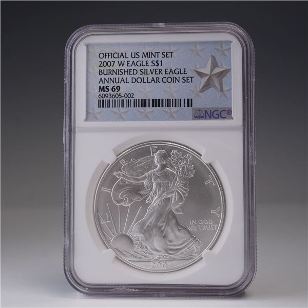 2007-W American Silver Eagle Type 1 Dollar NGC Graded MS 69 Burnished