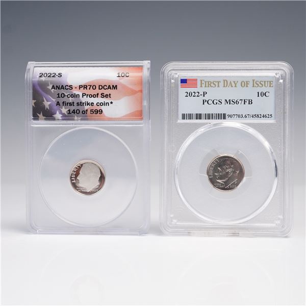 2pc 2022-P PCGS MS67FB & 2022-S ANACS PR70 DCAM 10c Roosevelt Dimes