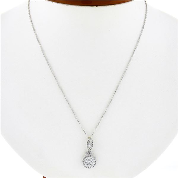 Solid 18k White Gold 1.0 ctw Round Diamond Cluster Pendant & 16  14k Cable Chain
