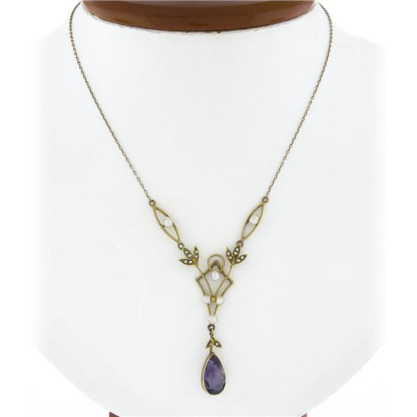 Antique Victorian 14k Gold Pear Amethyst Seed Pearl Dangle Lavalier Necklace