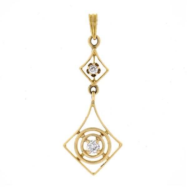 Antique 14K Gold 0.12 ctw Round Diamond Open Target Drop Dangle Lavalier Pendant