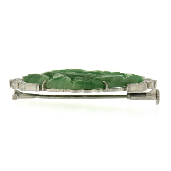 Vintage 14k White Gold Carved Green Jade & .10 ctw Old Diamond Flower Pin Brooch