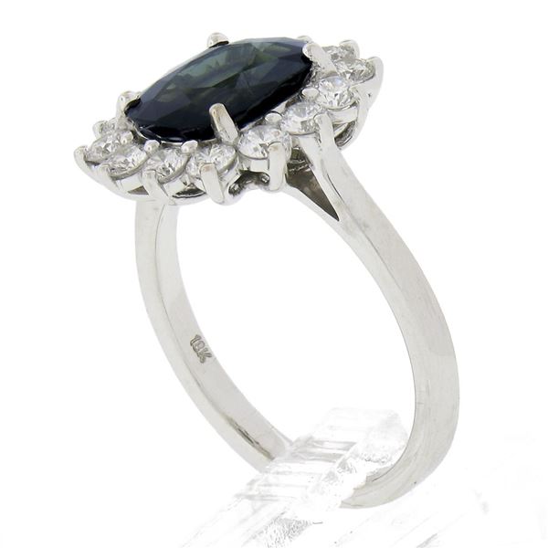 New 18K White Gold 3.22 ctw GIA NO HEAT Cushion Green Sapphire & Diamond Halo Ri