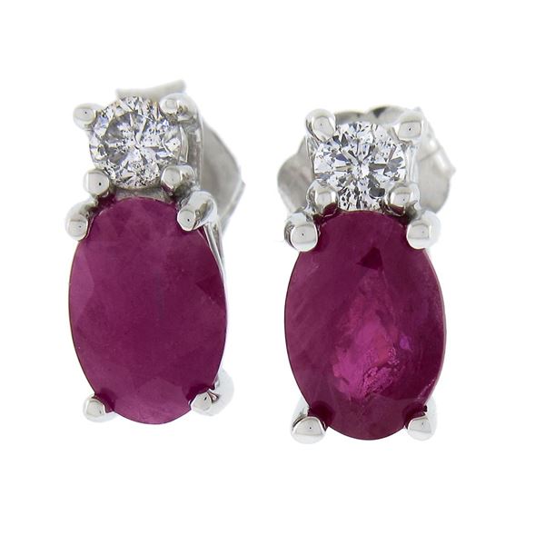 New Simple 10K White Gold 1.30 ctw Prong Set Oval Ruby & Diamonds Stud Earrings