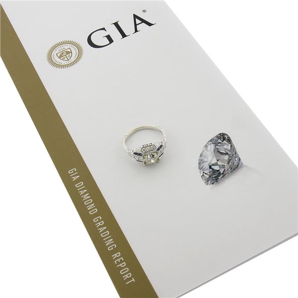 New Art Deco Style 14K White Gold GIA 1.69 ctw Diamond & Sapphire Wheat Work Rin