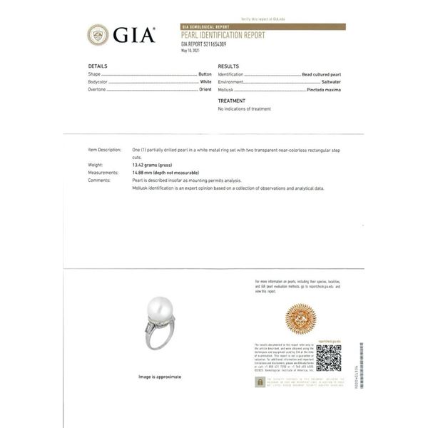 Vintage Platinum GIA 14mm Saltwater White Pearl Solitaire Baguette Diamond Ring
