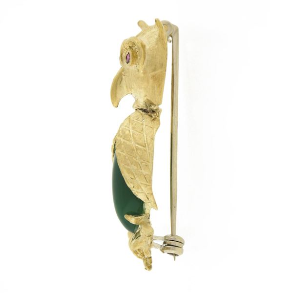 Vintage 18k Yellow Gold Green Chalcedony & Ruby Eyes 3D Owl on Branch Pin Brooch