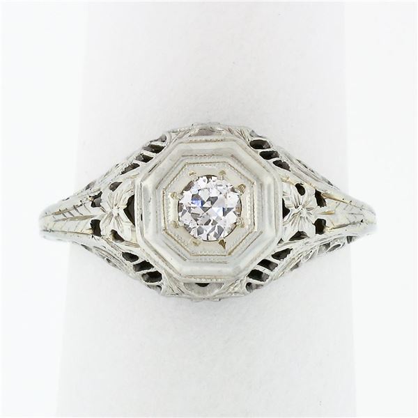 Antique Art Deco 18k White Gold.21 ctw Diamond Solitaire Filigree Engagement Rin