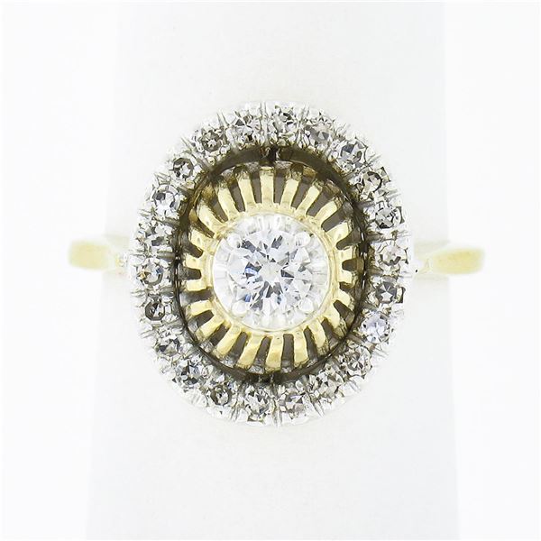 Unique Vintage 14k Two Tone Gold.57 ctw Diamond Halo Open Work Domed Platter Rin