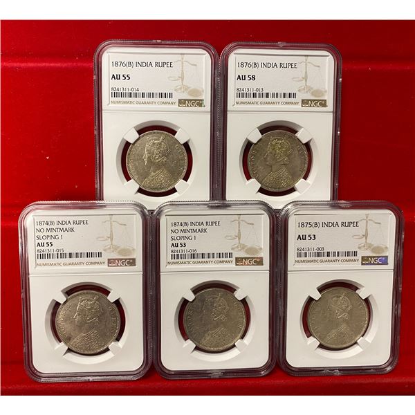 BRITISH INDIA: Victoria, LOT of 5 silver rupees