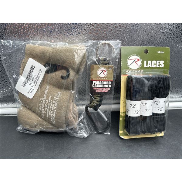 Lot of Rothco Paracord Carabiner, Laces, And G.I. Cushion Sole Socks, Large