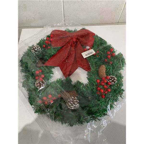 24-Inch Artificial Christmas Wreath With Red Bow and Pinecones