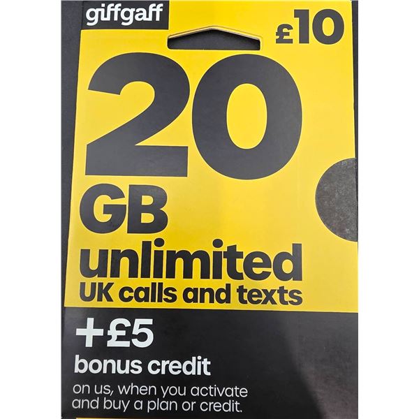 Giffgaff 20GB UK SIM Cards with Bonus Credit, Lot of 6
