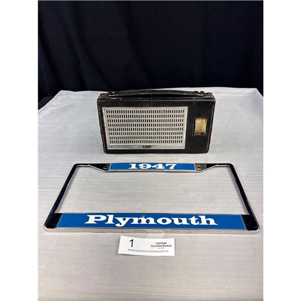 Vintage Minervo Transistor Radio + 1947 Plymouth License Plate Holder