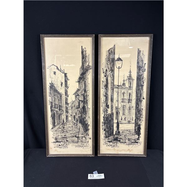 1950s Madrid Spain Street Scenes, Signed "Fermini Santos" Each Approx 10" x 24"