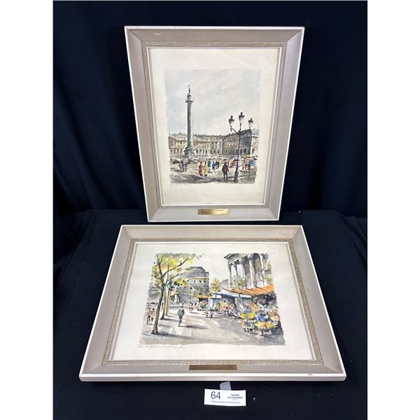 2 1950s French Watercolor Pictures, by G.Lelong Each Approx 15" x 19"