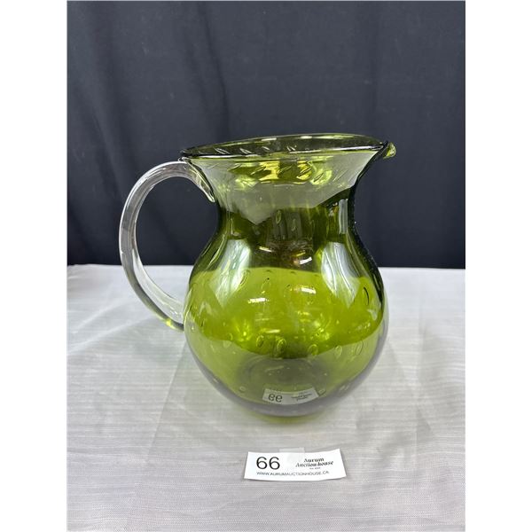 Large Mid Century Modern Green Glass Water Jug Approx 9" Tall