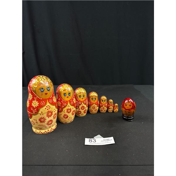 Vintage Nesting Russian Nesting Dolls and Handpainted Egg w/ Stand