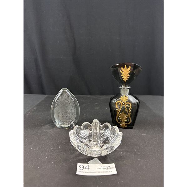 Gorgeous Cut Crystal Perfume Bottle, Waterford Ring Holder and Wedgwood Paperweight (Chip on Neck of