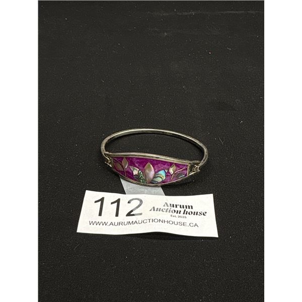 Vintage Silver Fushia Enamel Abalone Inlay Bangle Fabulous Colour!