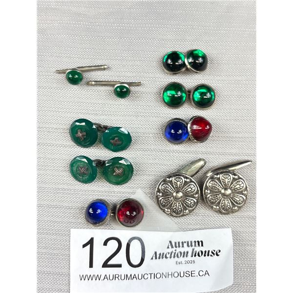 Antique Cufflink Lot Ruby Sapphire Emerald Cabachon + Silver Beauties!