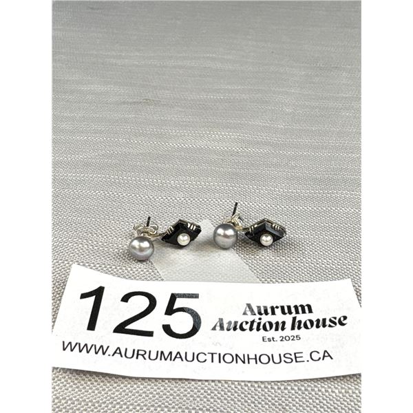 Antique White Gold Genuine Pearl Earrings w/ Onyx Stone