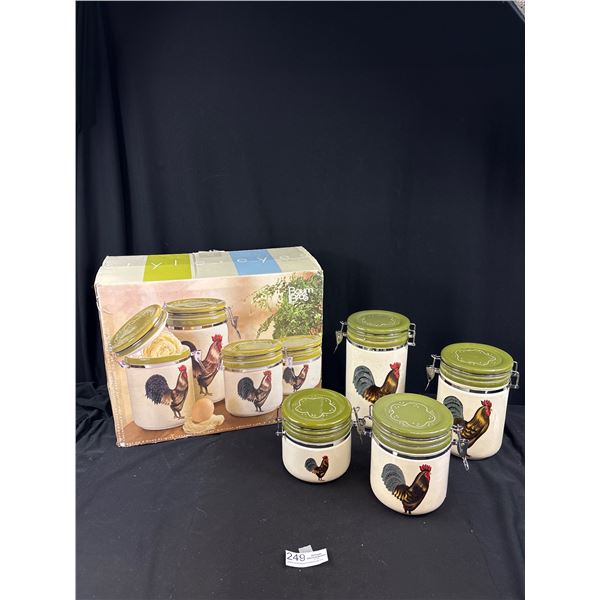Style Eyes by Baum Bros, Ceramic Rooster Canisters Set of 4 Jars NEW