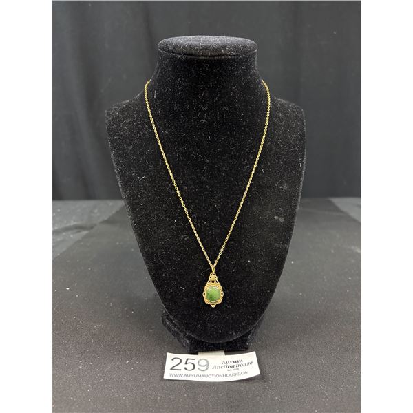 Vintage Gold w/ Green B.C. Jade Stone Pendant, Marked 1/20 12K w/ Chain Necklace