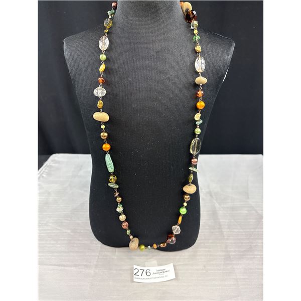 Unusual Vintage Metal Chain Connection w/ Semi Precious Stone + Crystal Beads Necklace, Extra Length