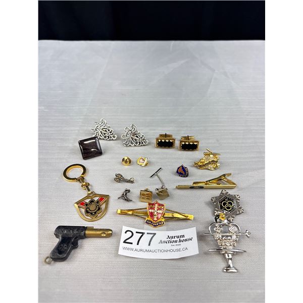 Large Collection of Vintage Tie Bars, Tie Pins, Cuff Links, Keychain Pins, Etc.