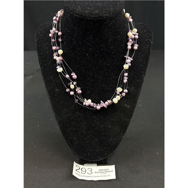 5 Strands Cultured Fresh Water Pearls + Nature Amethyst Stones Choker Necklace, Very Sweet, 925 Ster