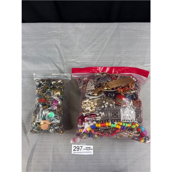 2 Bags of Various Jewelry Lot of Broken Beads, Parts, + Some Watches