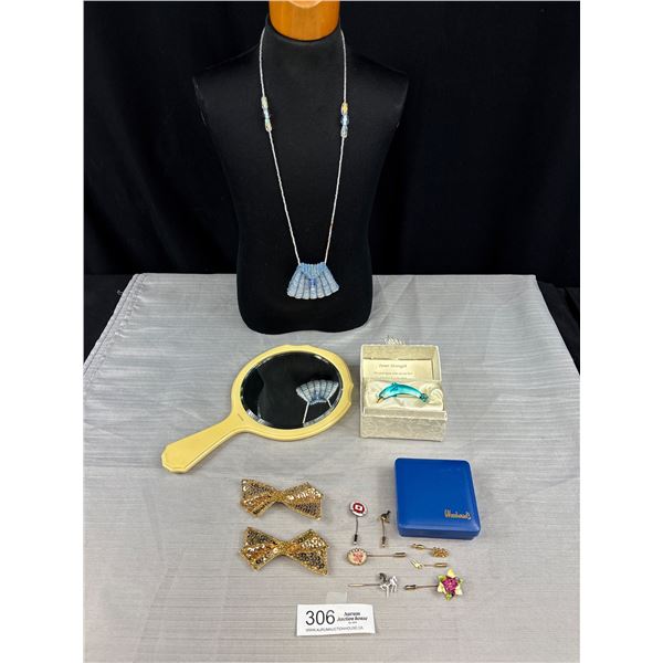 Vintage French Ivory Mirror, Micro Beads Bag Necklace, Pair of Barrettes, Woodwards Box w/ Contents 