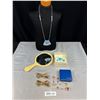 Image 1 : Vintage French Ivory Mirror, Micro Beads Bag Necklace, Pair of Barrettes, Woodwards Box w/ Contents 