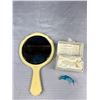 Image 7 : Vintage French Ivory Mirror, Micro Beads Bag Necklace, Pair of Barrettes, Woodwards Box w/ Contents 