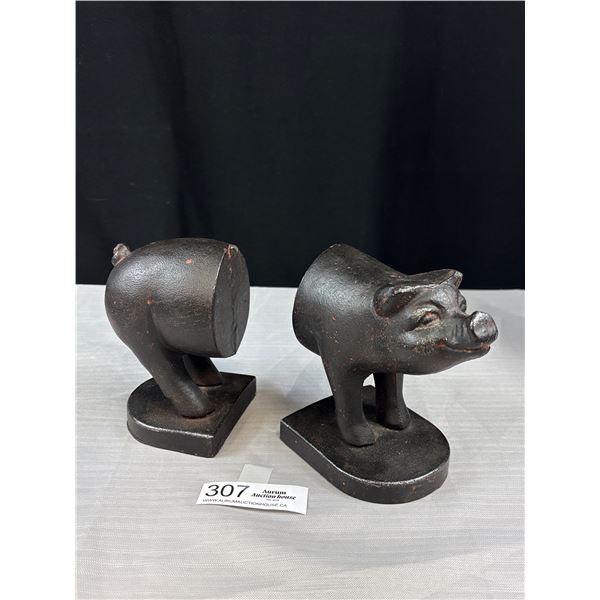 Pair of Vintage Black Cast Iron Pig Book Ends, Very Heavy, Maybe Also For Doorstoppers