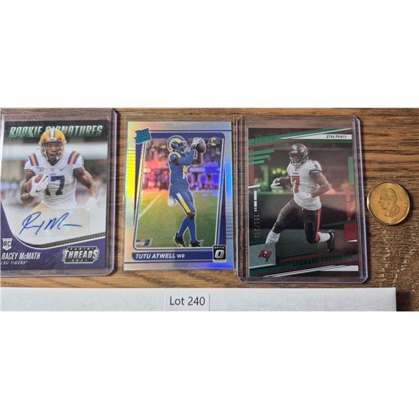 2021 Racey McMath Auto, 2021 Optic Tutu Atwell Rookie & 2022 Prestige Leonard Fournette /249 - Footb