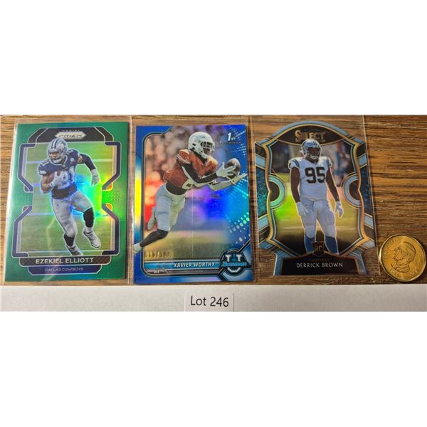 Ezekiel Elliott Prizm Green, Xavier Worthy 1st Bowman 076/199 & Derrick Brown Rookie - Football Card