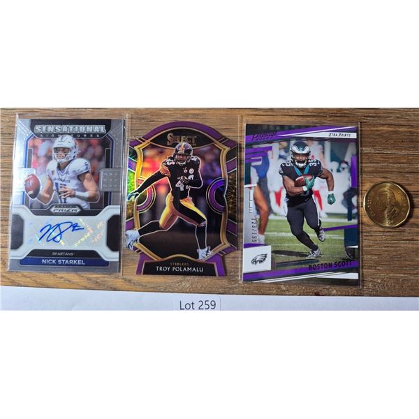 Nick Starkel Auto, Troy Polamalu Select & Boston Scott 123/199 - Football Card