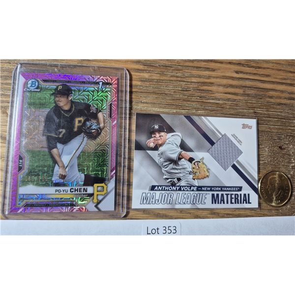 Po-Yu Chen Bowman Chrome & Anthony Volpe Relic Lot (2) - Baseball Card