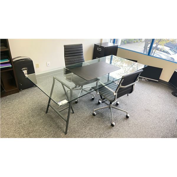 GLASS TOP 84" X 36" MODERN EXECUTIVE OFFICE DESK & 2 BLACK MOBILE MODERN TASK CHAIRS