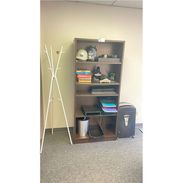 BROWN BOOKCASE, MOBILE PAPER SHREDDER, METAL COAT RACK & 2 DRAWER FILING CABINET