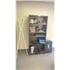 Image 1 : BROWN BOOKCASE, MOBILE PAPER SHREDDER, METAL COAT RACK & 2 DRAWER FILING CABINET