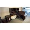 Image 1 : LARGE DARK WOOD L SHAPED SINGLE PEDESTAL EXECUTIVE DESK WITH HUTCH, STORAGE SHELF, 2 DRAWER LATERAL