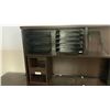Image 2 : LARGE DARK WOOD L SHAPED SINGLE PEDESTAL EXECUTIVE DESK WITH HUTCH, STORAGE SHELF, 2 DRAWER LATERAL