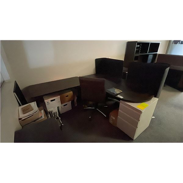 DARK WOOD CURVED SIDE OFFICE DESK WITH FOLDING TABLE, 3 TIER DARK WOOD BOOKCASE,