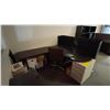 Image 1 : DARK WOOD CURVED SIDE OFFICE DESK WITH FOLDING TABLE, 3 TIER DARK WOOD BOOKCASE,