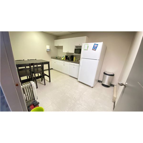 CONTENTS OF LUNCH ROOM INCLUDING TABLE, CHAIRS, KEURIG COFFEE MAKER, MICROWAVE, FRIDGE, UTENSILS, 2