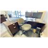 Image 2 : DARK WOOD L SHAPED SINGLE PEDESTAL EXECUTIVE OFFICE DESK WITH MONITOR ARM, 2 COMPUTER MONITORS &