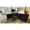 Image 1 : DARK WOOD L SHAPED SINGLE PEDESTAL EXECUTIVE OFFICE DESK WITH ACER COMPUTER MONITOR & MOBILE TASK